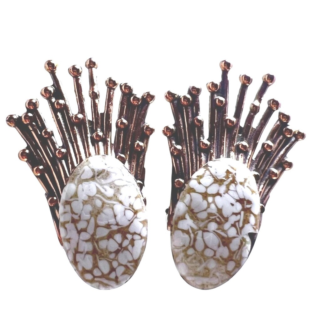 Renoir Copper Earrings Starburst Clip‎ On White Marbled Enamel Celestial SEE